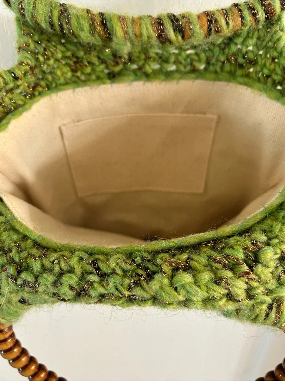 Handmade Green Knit Tote satchel with Wooden Beaded Handles
